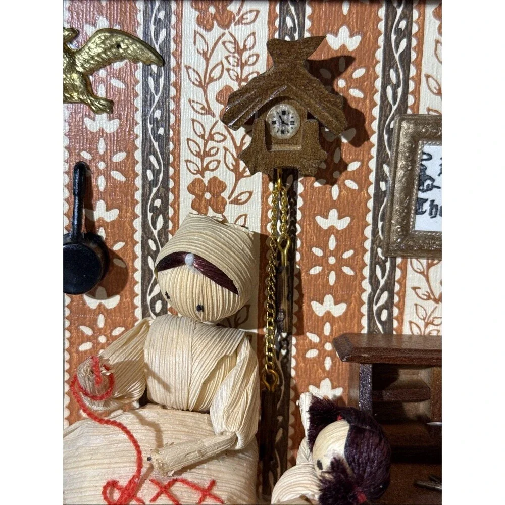 Vintage Corn Husk Doll Shadow Box Diorama Folk Art 1970s Cottage Core Farmhouse